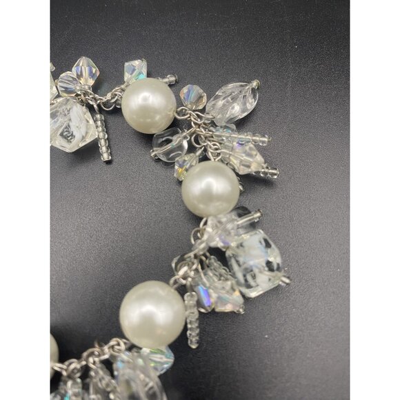 Faux White Pearl Bracelet AB Crystal Silver Tone Bridal Prom Pageant Fits  6.5" - Picture 4 of 8